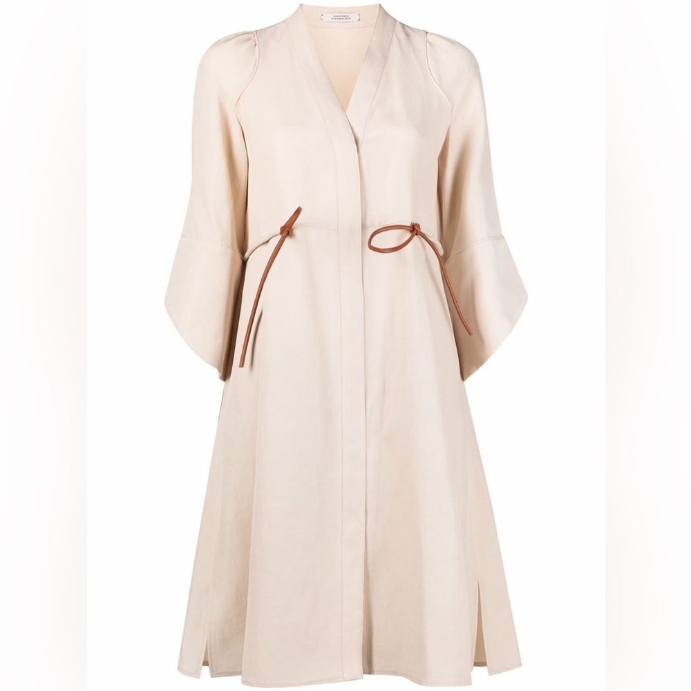 Light Beige Midi Dress with Tie-Detail Waist